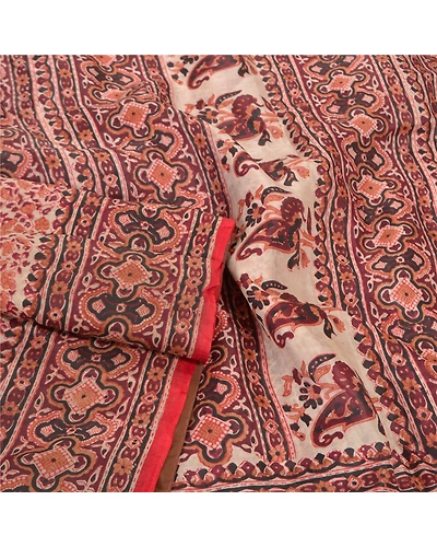 Sanskriti Vintage Cream Sarees 100% Pure Silk Printed Fabric Craft 5 Yard Sari, PR-54468-Cream &amp; Brown-Printed Work-100% Pure Silk-1