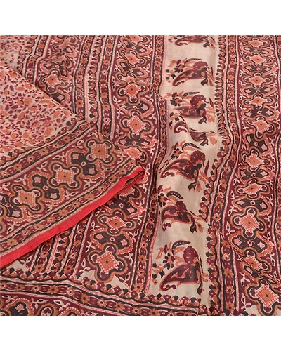 Sanskriti Vintage Cream Sarees 100% Pure Silk Printed Fabric Craft 5 Yard Sari, PR-54468-Cream &amp; Brown-Printed Work-100% Pure Silk-2