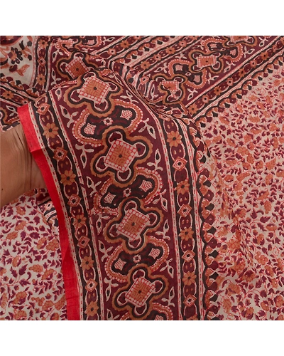 Sanskriti Vintage Cream Sarees 100% Pure Silk Printed Fabric Craft 5 Yard Sari, PR-54468-Cream &amp; Brown-Printed Work-100% Pure Silk-5
