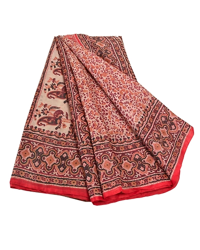 Sanskriti Vintage Cream Sarees 100% Pure Silk Printed Fabric Craft 5 Yard Sari, PR-54468-Cream &amp; Brown-Printed Work-100% Pure Silk-6