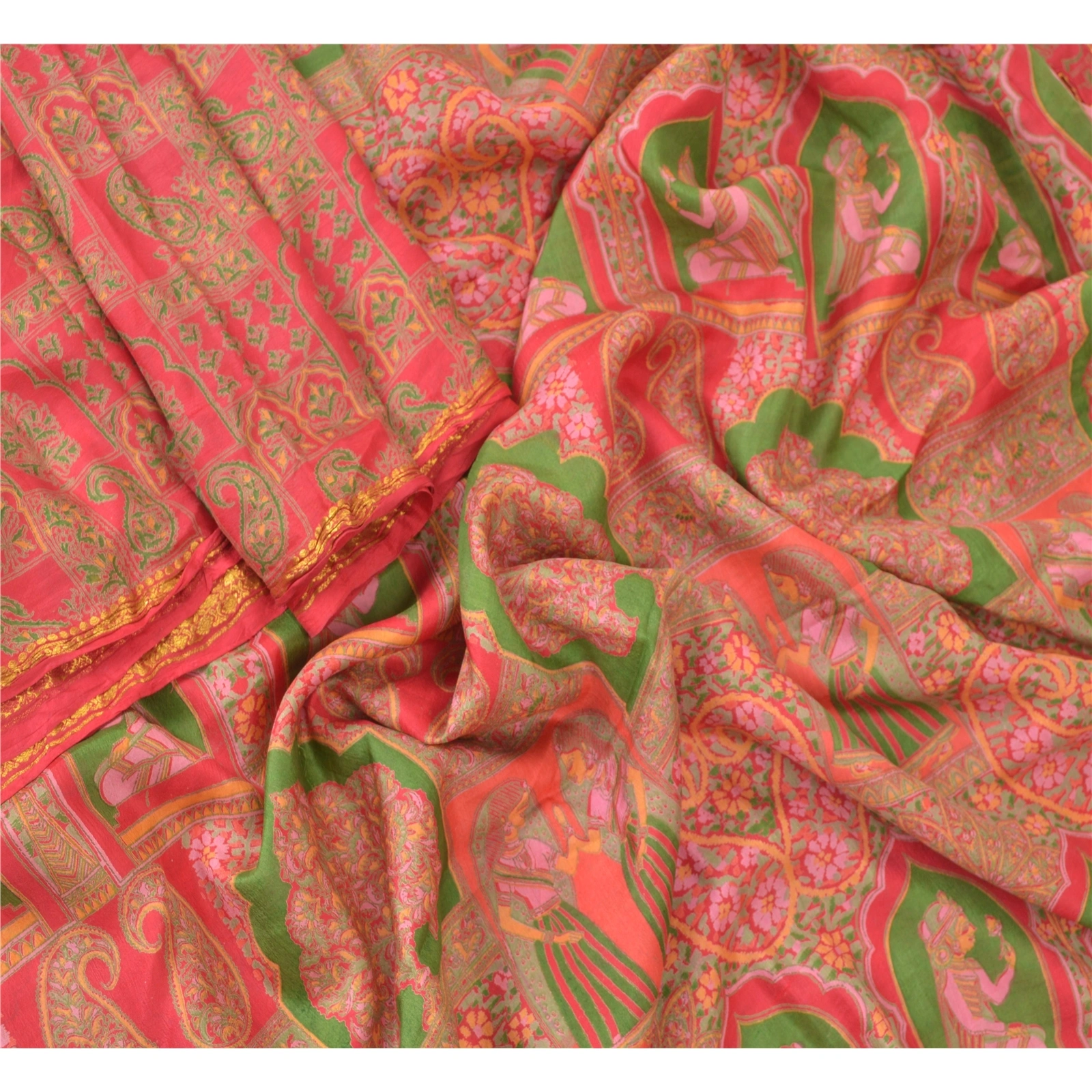 Sanskriti Vintage Red Sarees Pure Silk Printed Golden Border Fabric Craft Sari, PR-54538-Red-Printed Work-100% Pure Silk-1