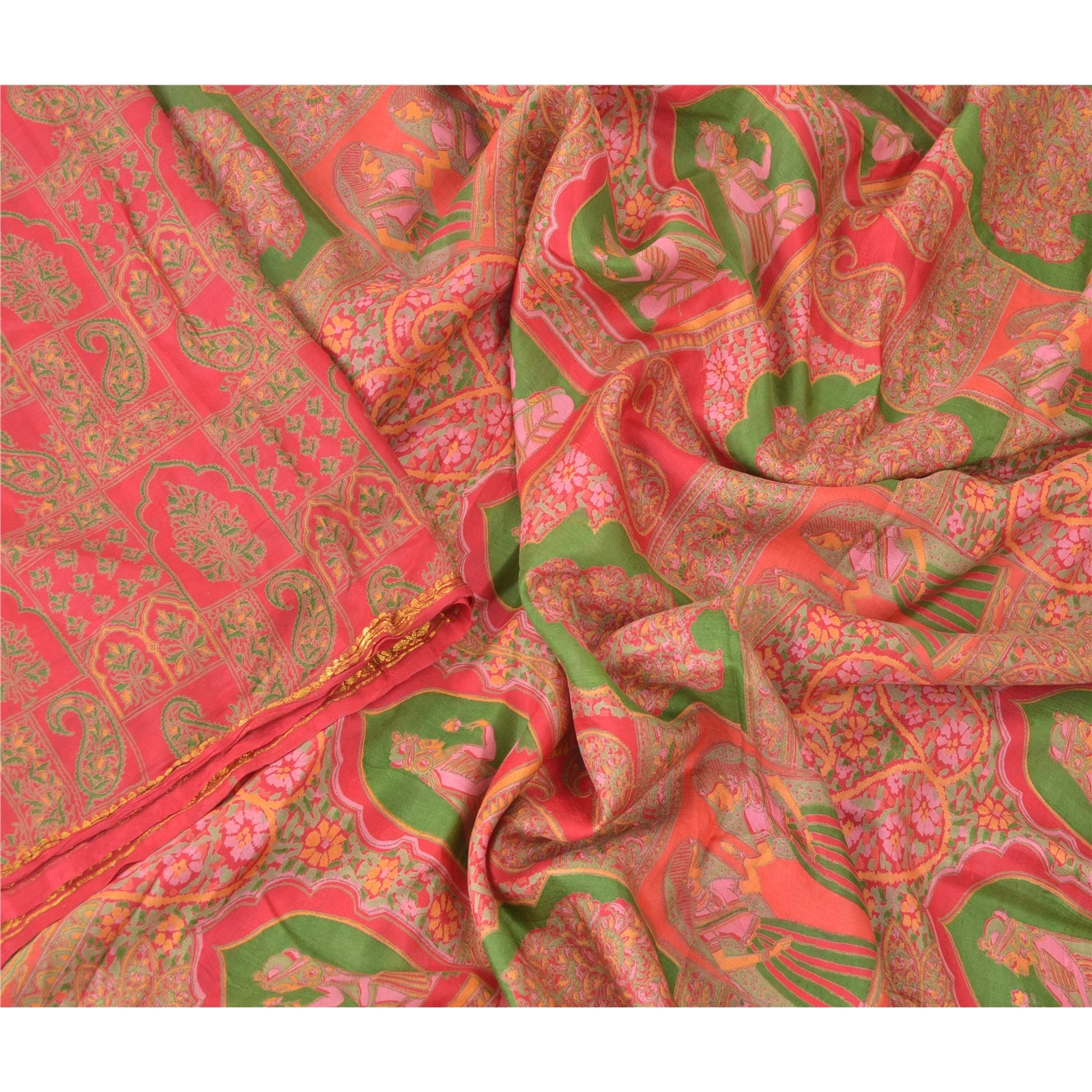 Sanskriti Vintage Red Sarees Pure Silk Printed Golden Border Fabric Craft Sari, PR-54538-Red-Printed Work-100% Pure Silk-2