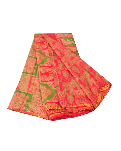 Sanskriti Vintage Red Sarees Pure Silk Printed Golden Border Fabric Craft Sari, PR-54538-Red-Printed Work-100% Pure Silk-6