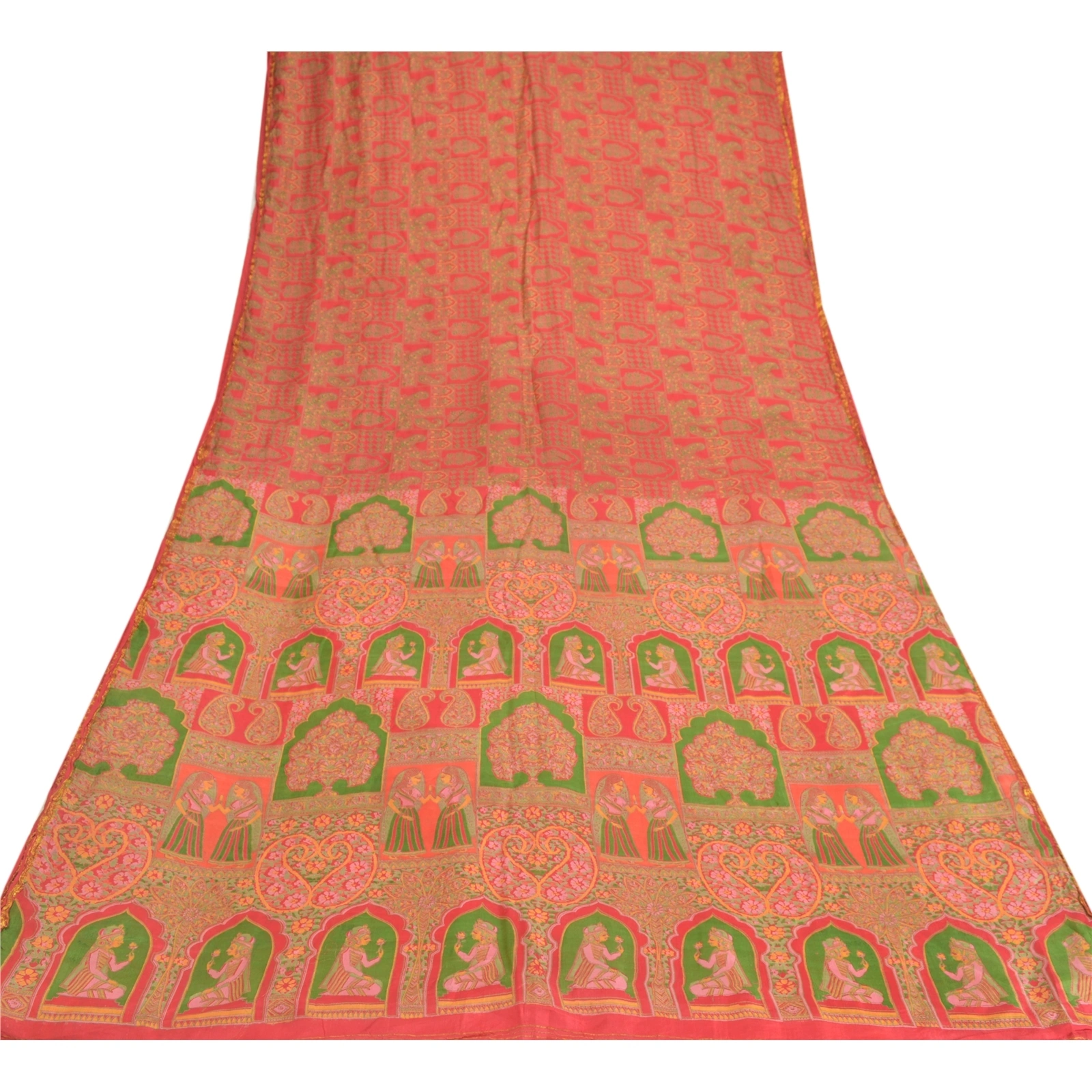 Sanskriti Vintage Red Sarees Pure Silk Printed Golden Border Fabric Craft Sari, PR-54538-Red-Printed Work-100% Pure Silk-7