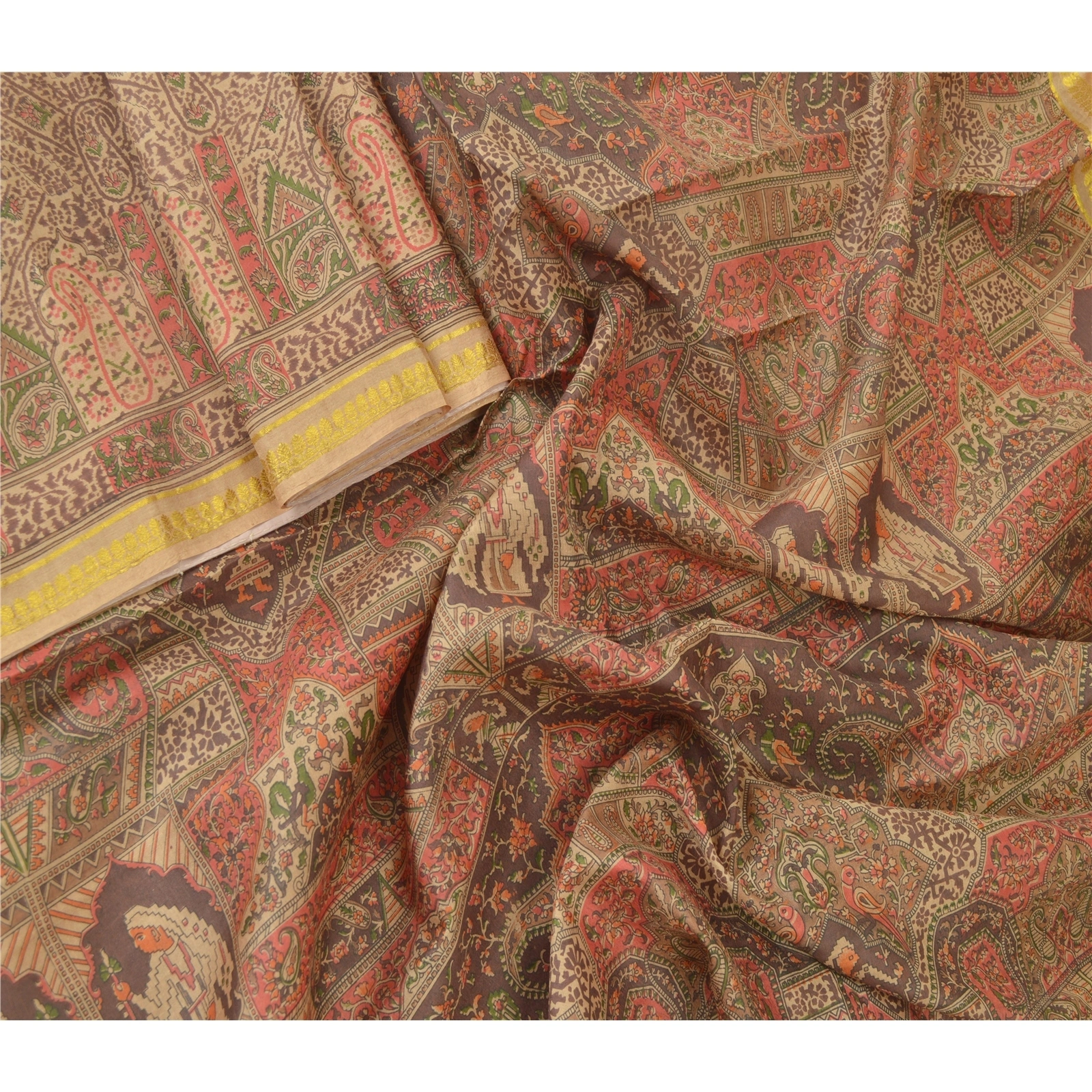 Sanskriti Vintage Brown Sarees Pure Silk Printed Golden Border Fabric Craft Sari, PR-54545-Brown-Printed Work-100% Pure Silk-1