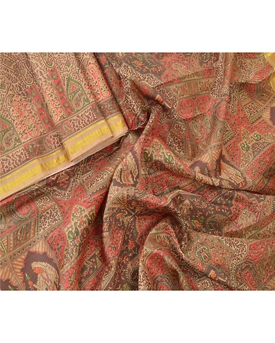 Sanskriti Vintage Brown Sarees Pure Silk Printed Golden Border Fabric Craft Sari, PR-54545-Brown-Printed Work-100% Pure Silk-1