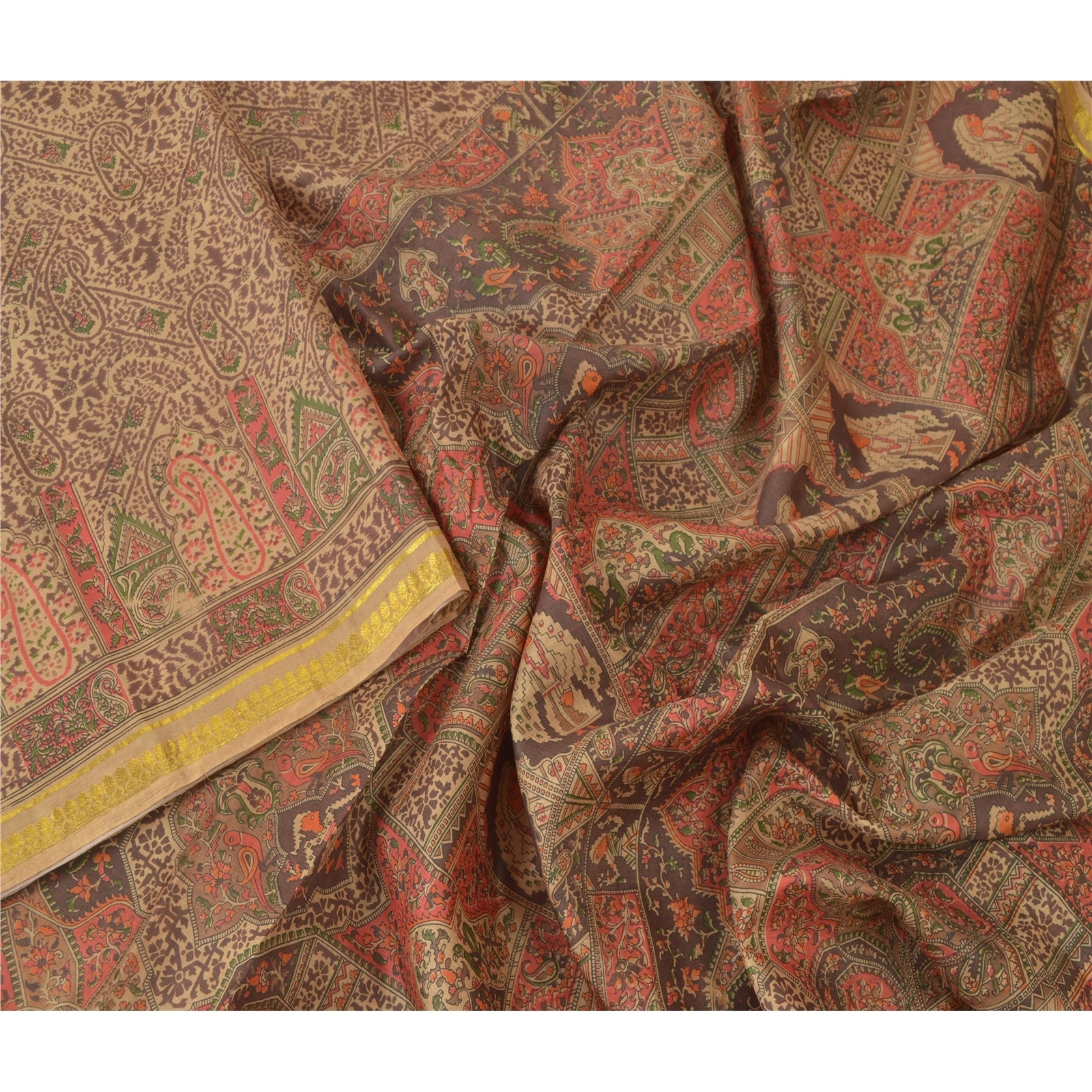 Sanskriti Vintage Brown Sarees Pure Silk Printed Golden Border Fabric Craft Sari, PR-54545-Brown-Printed Work-100% Pure Silk-2