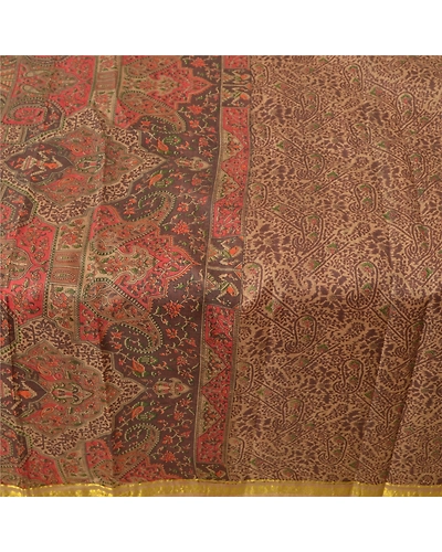 Sanskriti Vintage Brown Sarees Pure Silk Printed Golden Border Fabric Craft Sari, PR-54545-Brown-Printed Work-100% Pure Silk-3