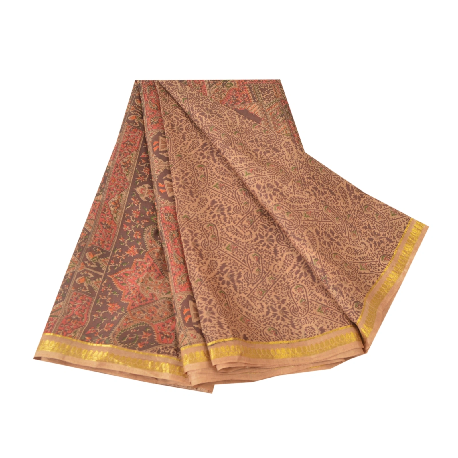 Sanskriti Vintage Brown Sarees Pure Silk Printed Golden Border Fabric Craft Sari, PR-54545-Brown-Printed Work-100% Pure Silk-6