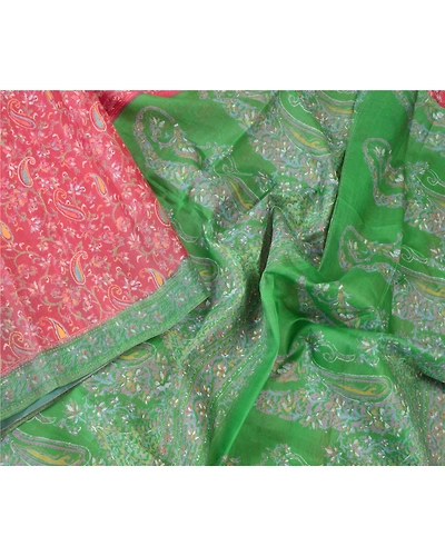 Sanskriti Vintage Dark Red Sarees Pure Silk Floral Printed Fabric Craft Sari, PR-54604-Dark Red &amp; Green-Printed Work-100% Pure Silk-2