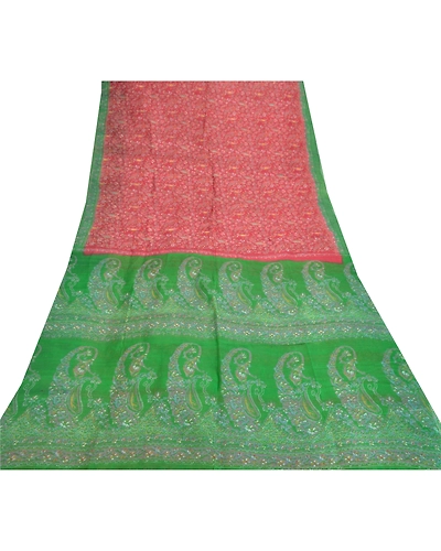 Sanskriti Vintage Dark Red Sarees Pure Silk Floral Printed Fabric Craft Sari, PR-54604-Dark Red &amp; Green-Printed Work-100% Pure Silk-7