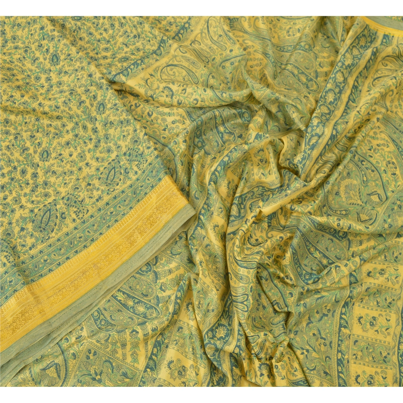 Sanskriti Vintage Green Sarees Art Silk Printed Zari Border Sari Craft Fabric, PR-54615-Green-Art Silk-2