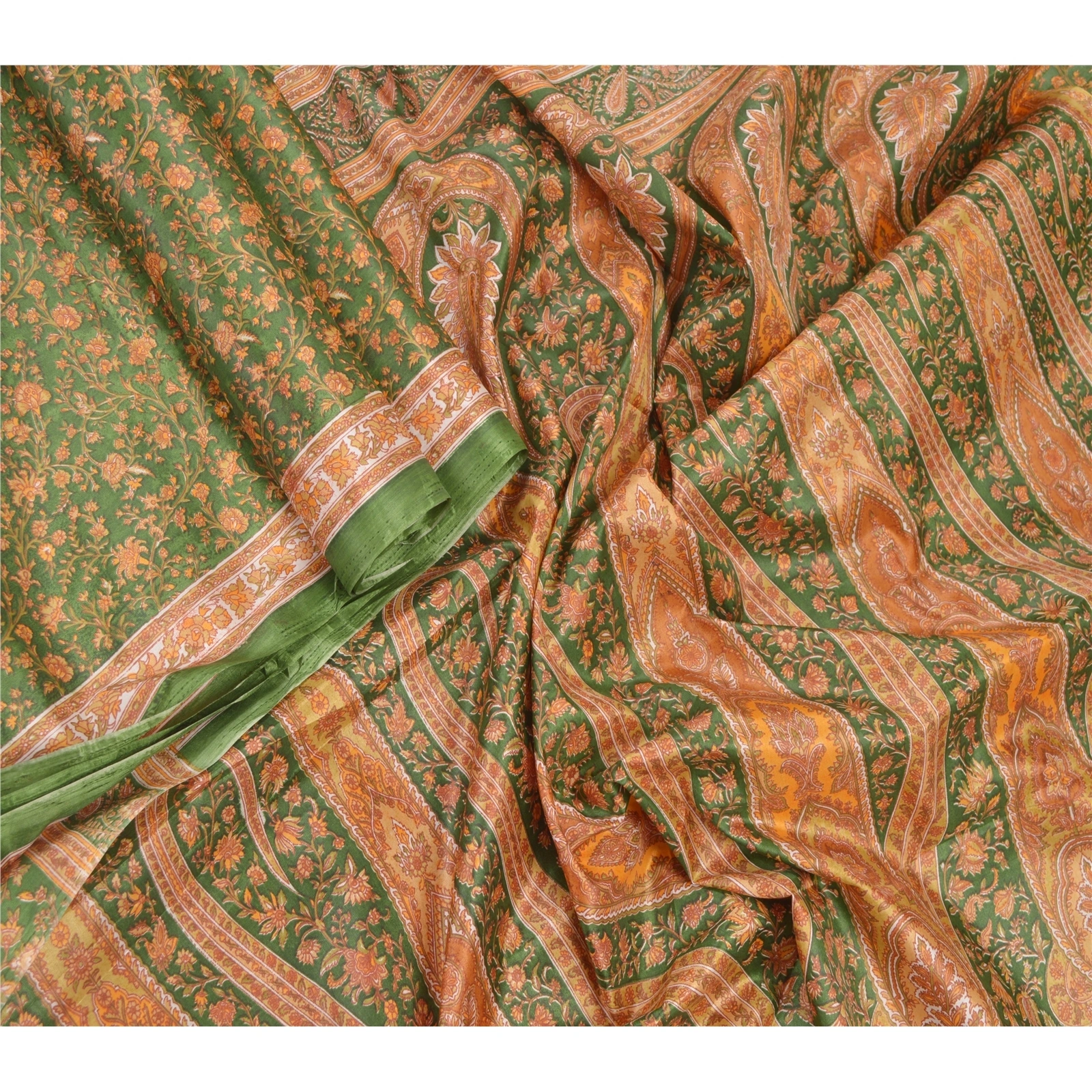 Sanskriti Vintage Green Sarees Art Silk Paisley Printed Fabric Craft 5 Yard Sari, PR-54618-Green-Printed Work-Art (Artificial) Silk-1