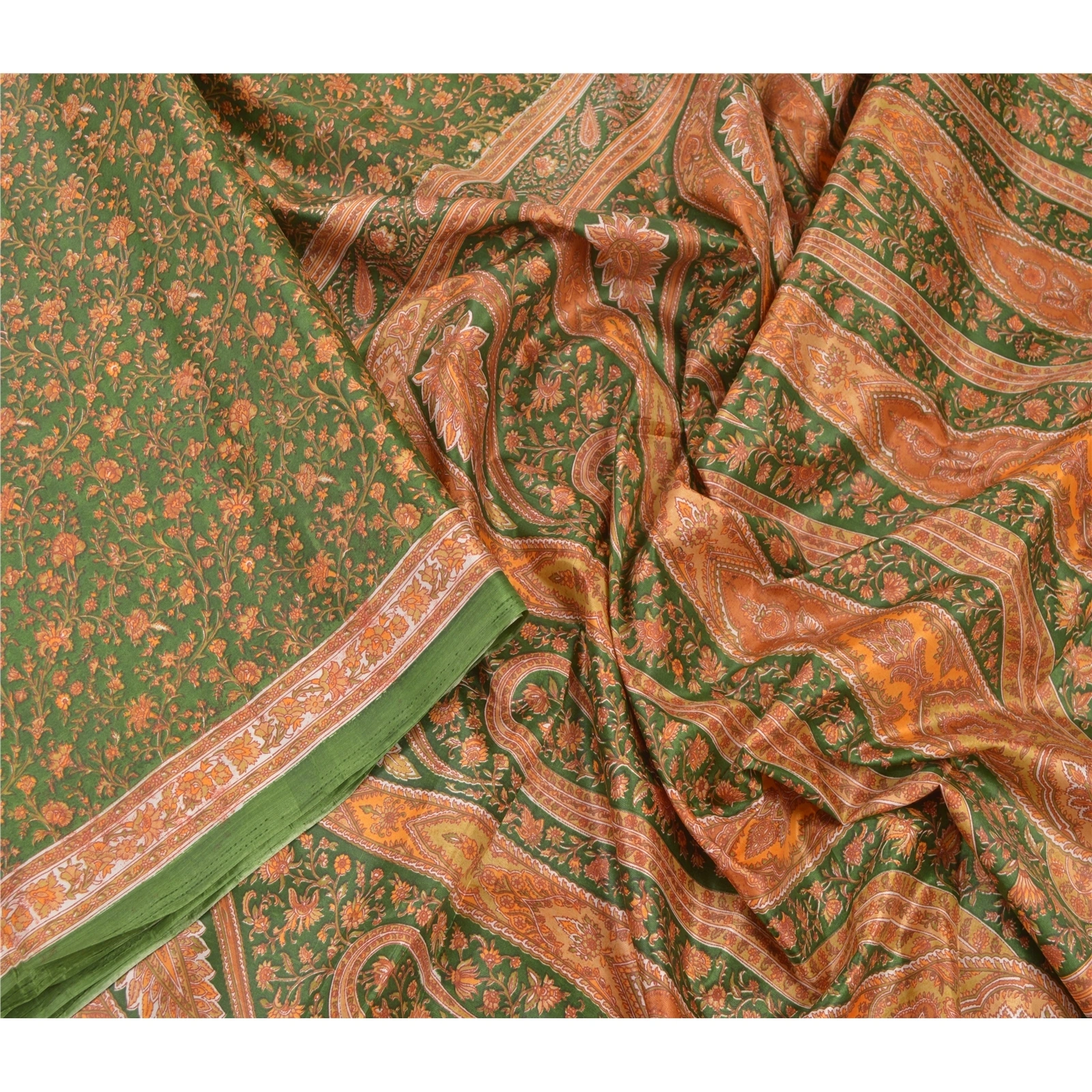 Sanskriti Vintage Green Sarees Art Silk Paisley Printed Fabric Craft 5 Yard Sari, PR-54618-Green-Printed Work-Art (Artificial) Silk-2