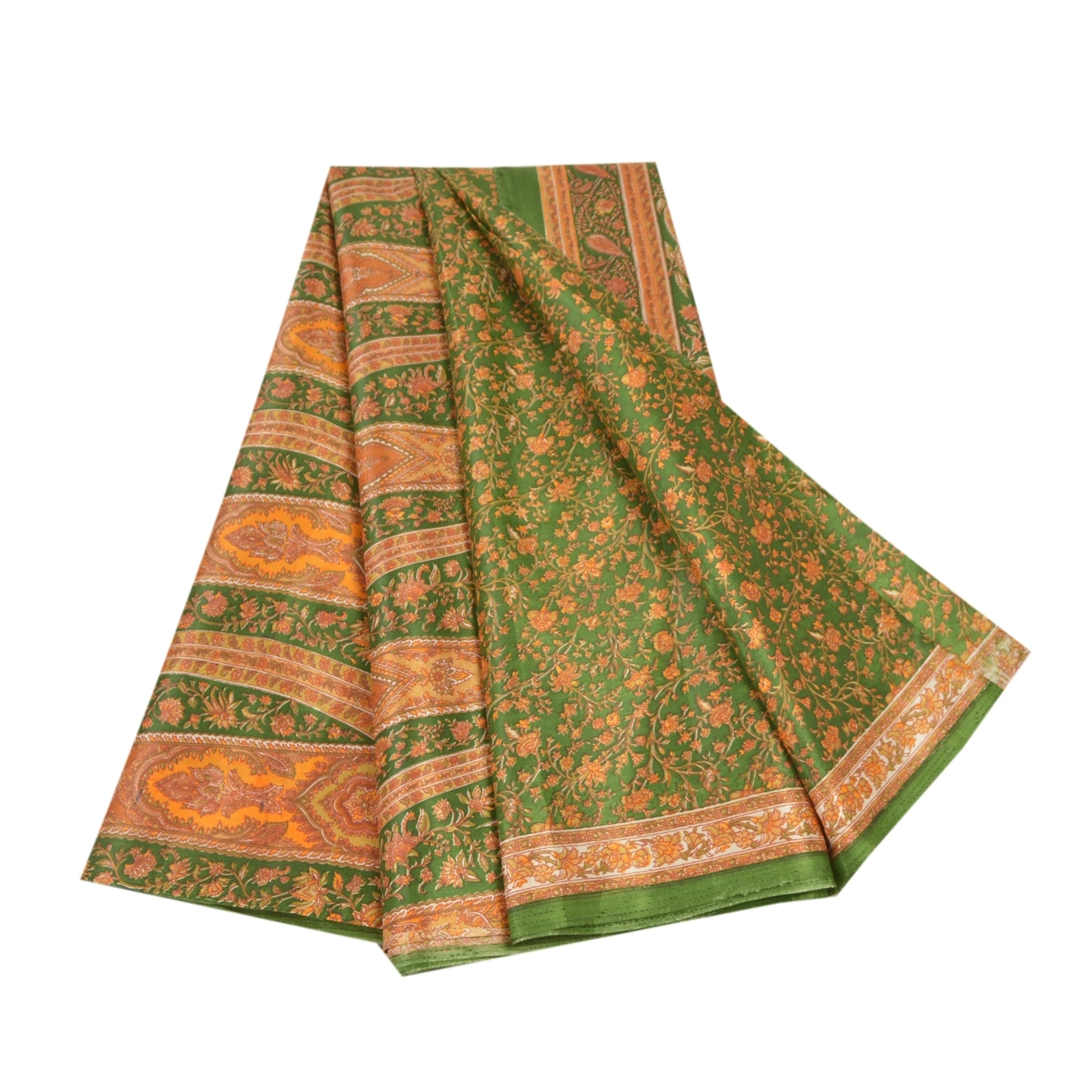 Sanskriti Vintage Green Sarees Art Silk Paisley Printed Fabric Craft 5 Yard Sari, PR-54618-Green-Printed Work-Art (Artificial) Silk-6