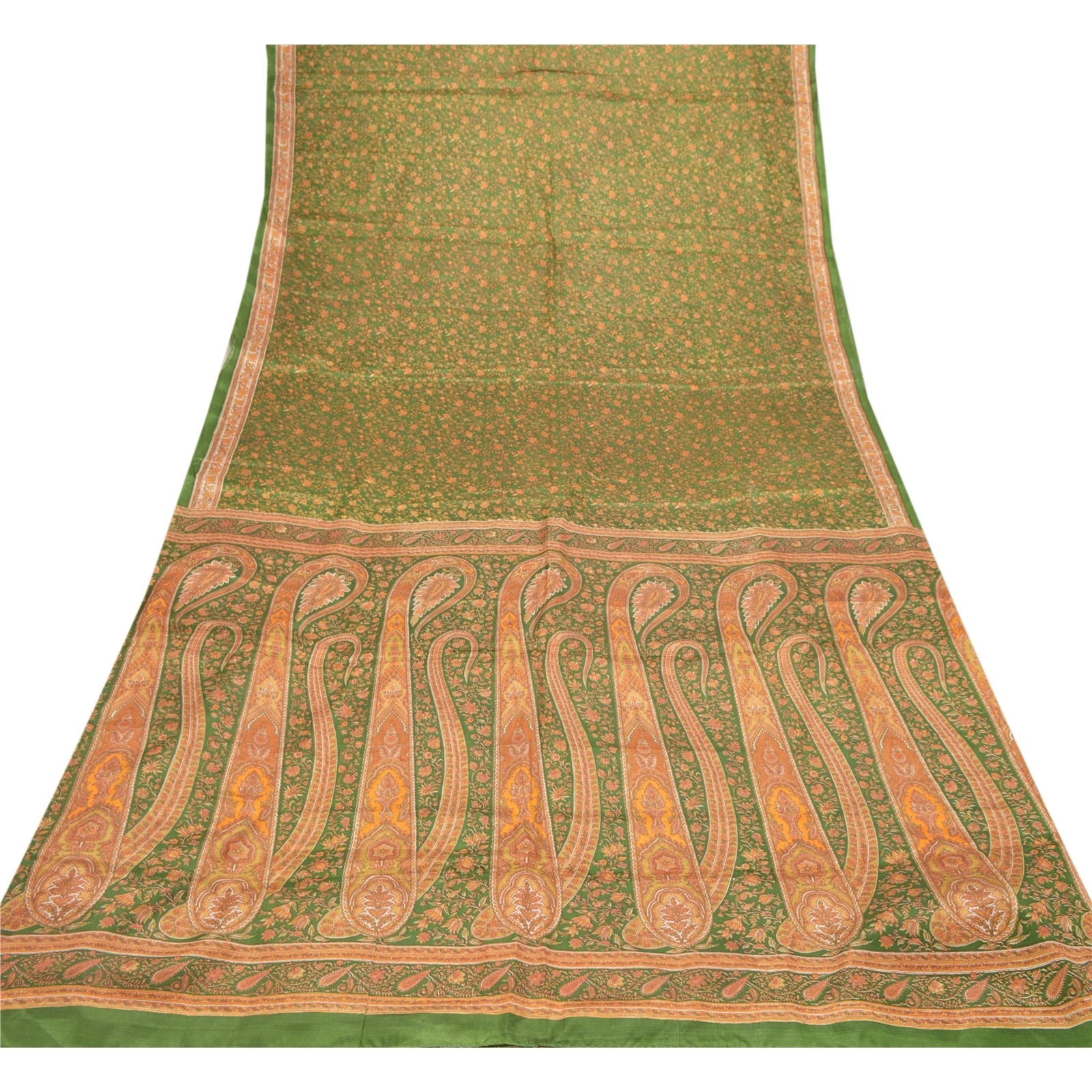 Sanskriti Vintage Green Sarees Art Silk Paisley Printed Fabric Craft 5 Yard Sari, PR-54618-Green-Printed Work-Art (Artificial) Silk-7