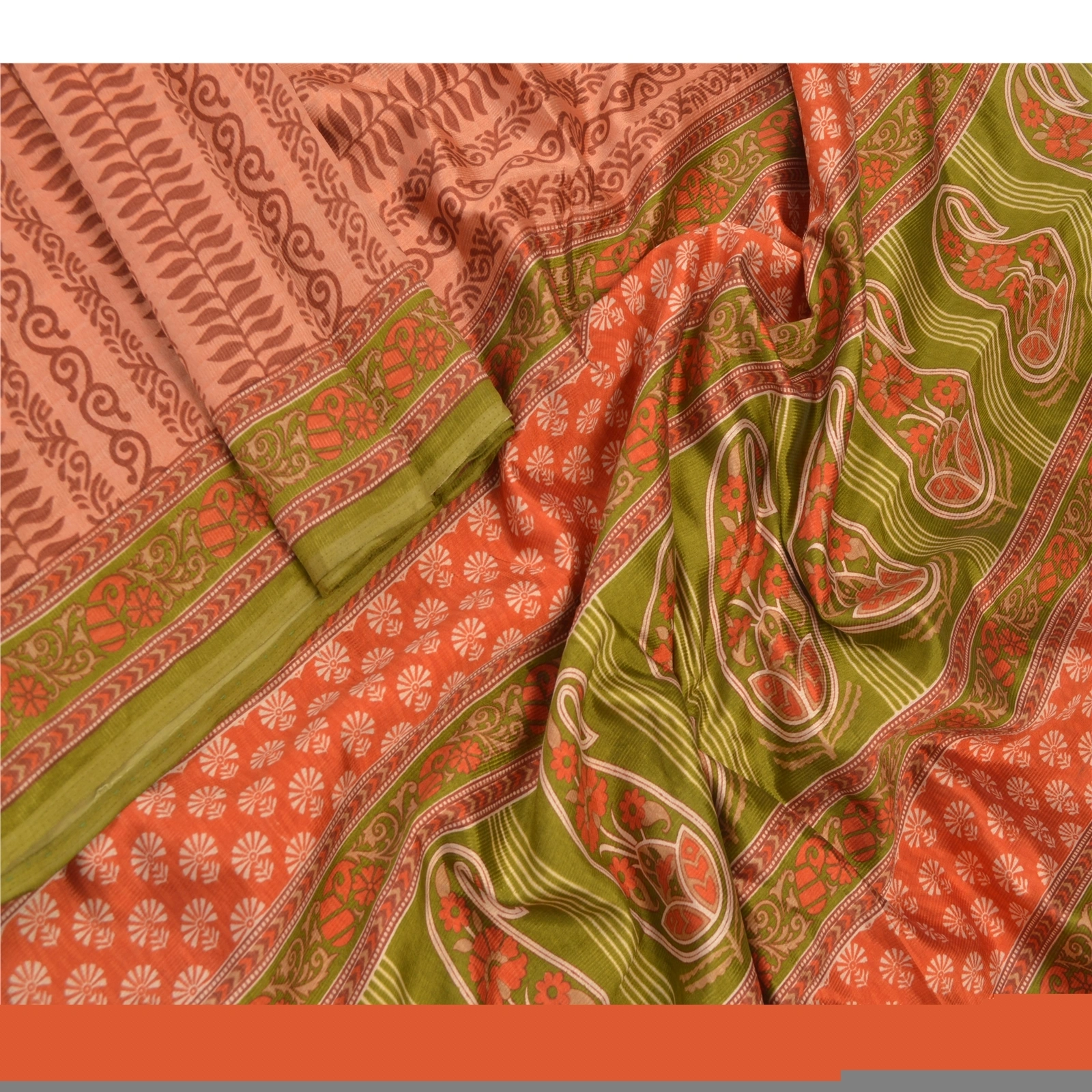 Sanskriti Vintage Peach Indian Sarees Art Silk Floral Printed Sari Craft Fabric, PR-54630-Peach &amp; Green-Printed Work-Art (Artificial) Silk-1