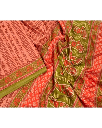 Sanskriti Vintage Peach Indian Sarees Art Silk Floral Printed Sari Craft Fabric, PR-54630-Peach &amp; Green-Printed Work-Art (Artificial) Silk-2