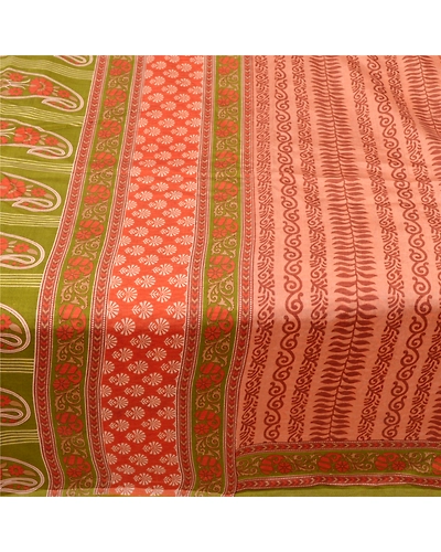 Sanskriti Vintage Peach Indian Sarees Art Silk Floral Printed Sari Craft Fabric, PR-54630-Peach &amp; Green-Printed Work-Art (Artificial) Silk-3