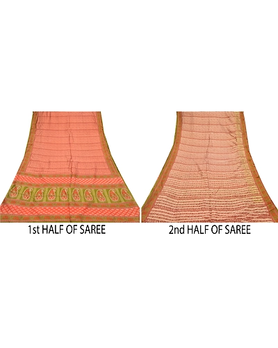 Sanskriti Vintage Peach Indian Sarees Art Silk Floral Printed Sari Craft Fabric, PR-54630-Peach &amp; Green-Printed Work-Art (Artificial) Silk-4