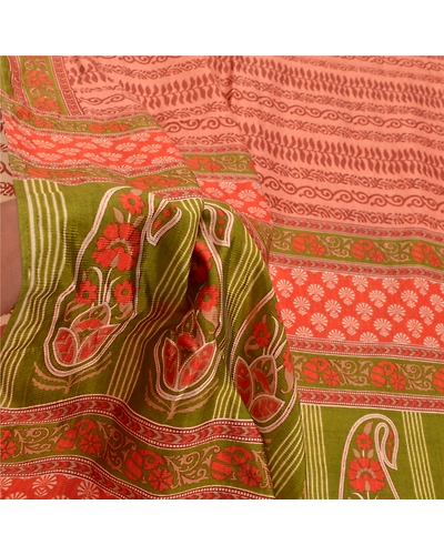Sanskriti Vintage Peach Indian Sarees Art Silk Floral Printed Sari Craft Fabric, PR-54630-Peach &amp; Green-Printed Work-Art (Artificial) Silk-5
