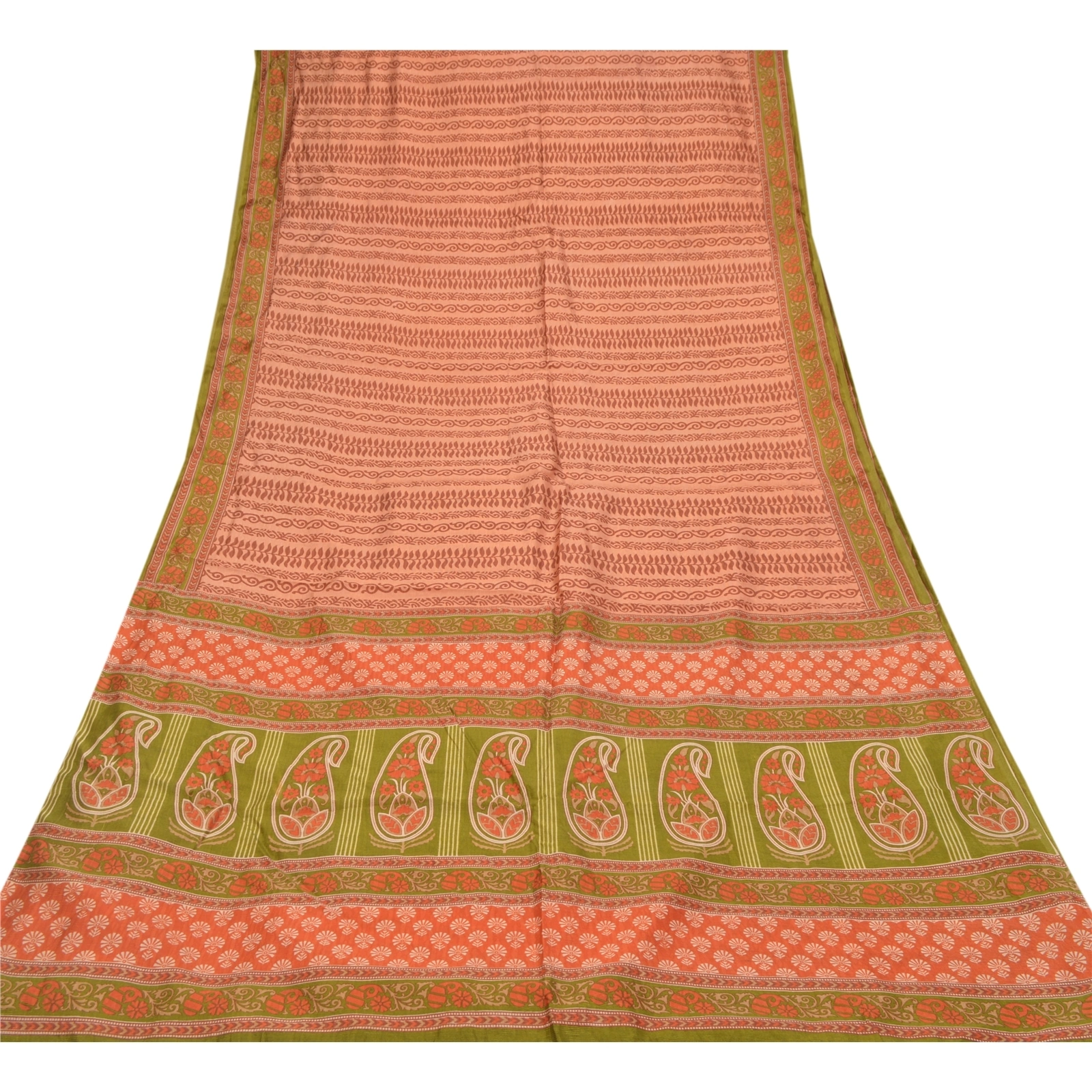 Sanskriti Vintage Peach Indian Sarees Art Silk Floral Printed Sari Craft Fabric, PR-54630-Peach &amp; Green-Printed Work-Art (Artificial) Silk-7