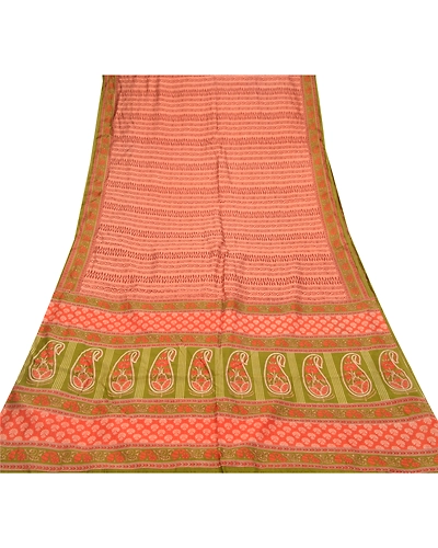 Sanskriti Vintage Peach Indian Sarees Art Silk Floral Printed Sari Craft Fabric, PR-54630-Peach &amp; Green-Printed Work-Art (Artificial) Silk-7