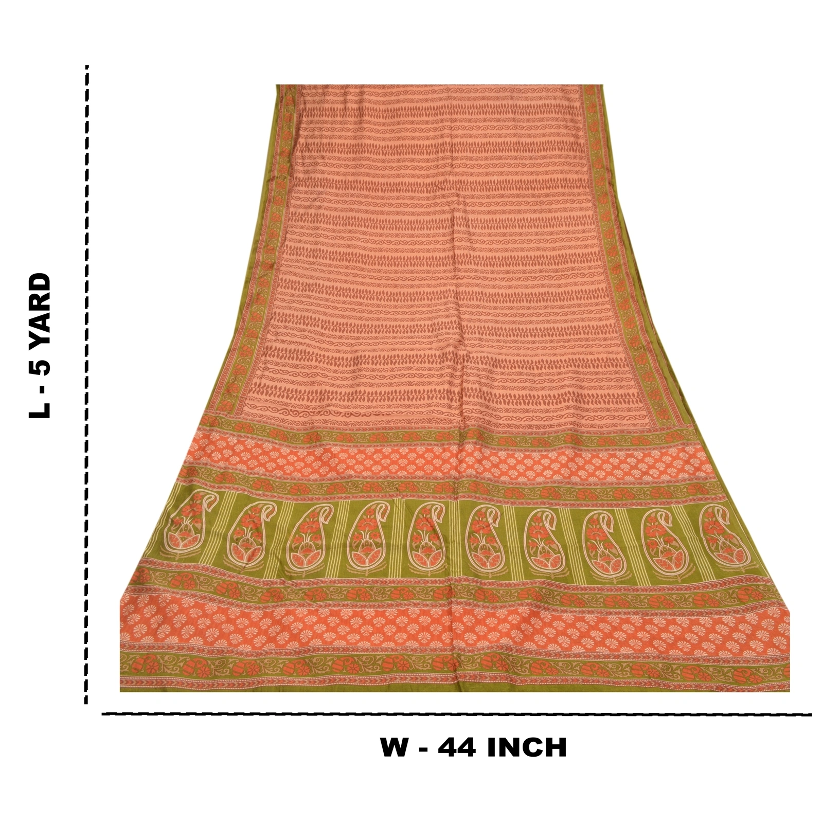 Sanskriti Vintage Peach Indian Sarees Art Silk Floral Printed Sari Craft Fabric, PR-54630-Peach &amp; Green-Printed Work-Art (Artificial) Silk-8