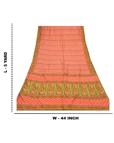 Sanskriti Vintage Peach Indian Sarees Art Silk Floral Printed Sari Craft Fabric, PR-54630-Peach &amp; Green-Printed Work-Art (Artificial) Silk-8