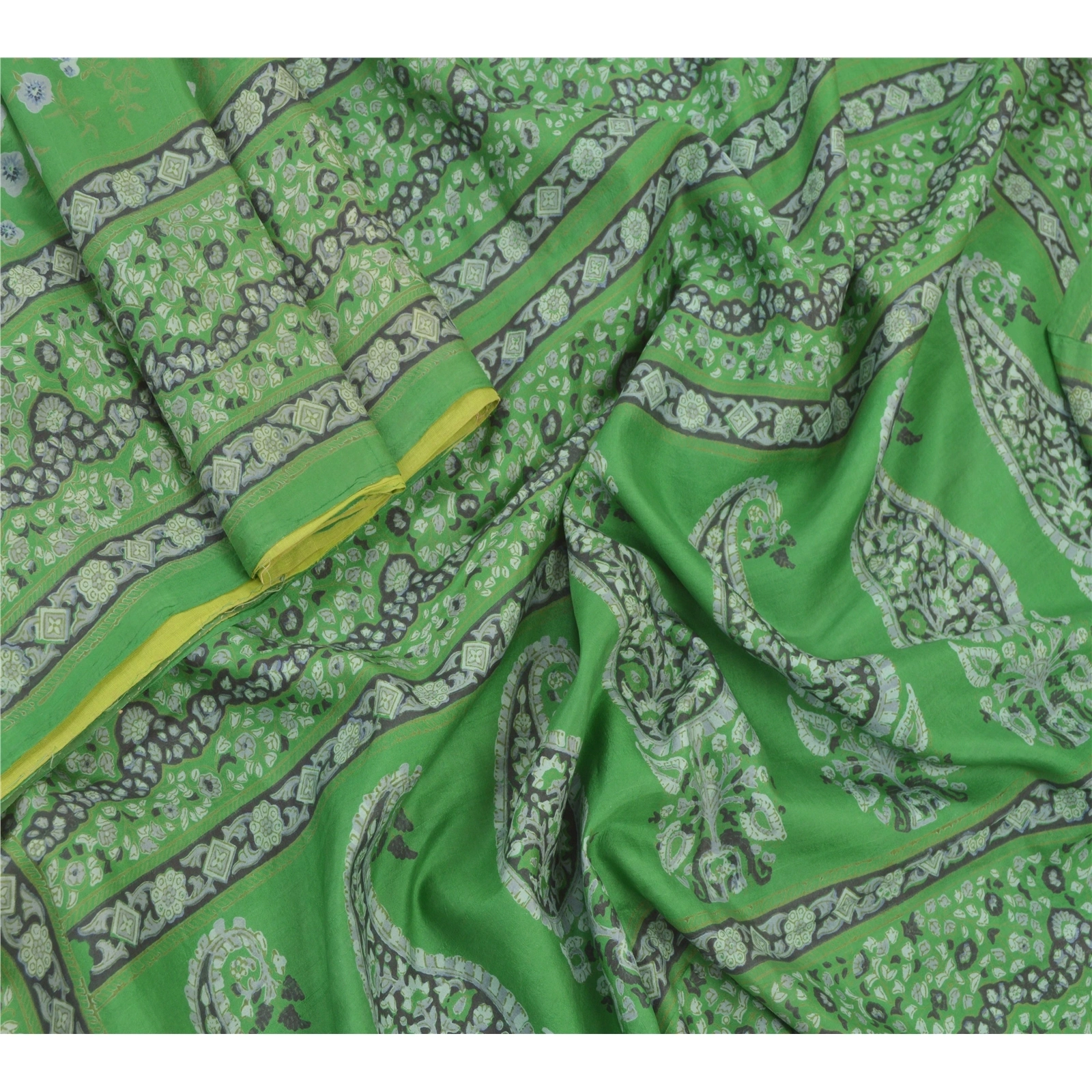 Sanskriti Vintage Green Sarees 100% Pure Silk Floral Printed Sari Craft Fabric, PR-54660-Green-Printed Work-100% Pure Silk-1