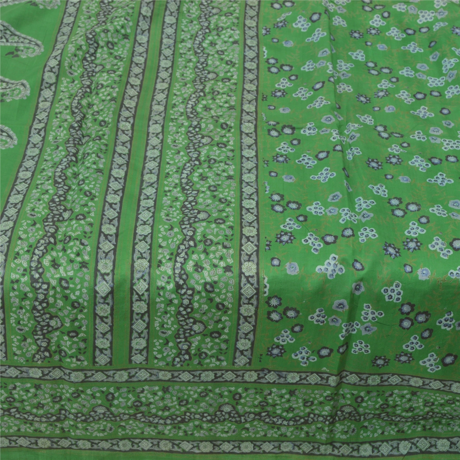 Sanskriti Vintage Green Sarees 100% Pure Silk Floral Printed Sari Craft Fabric, PR-54660-Green-Printed Work-100% Pure Silk-3