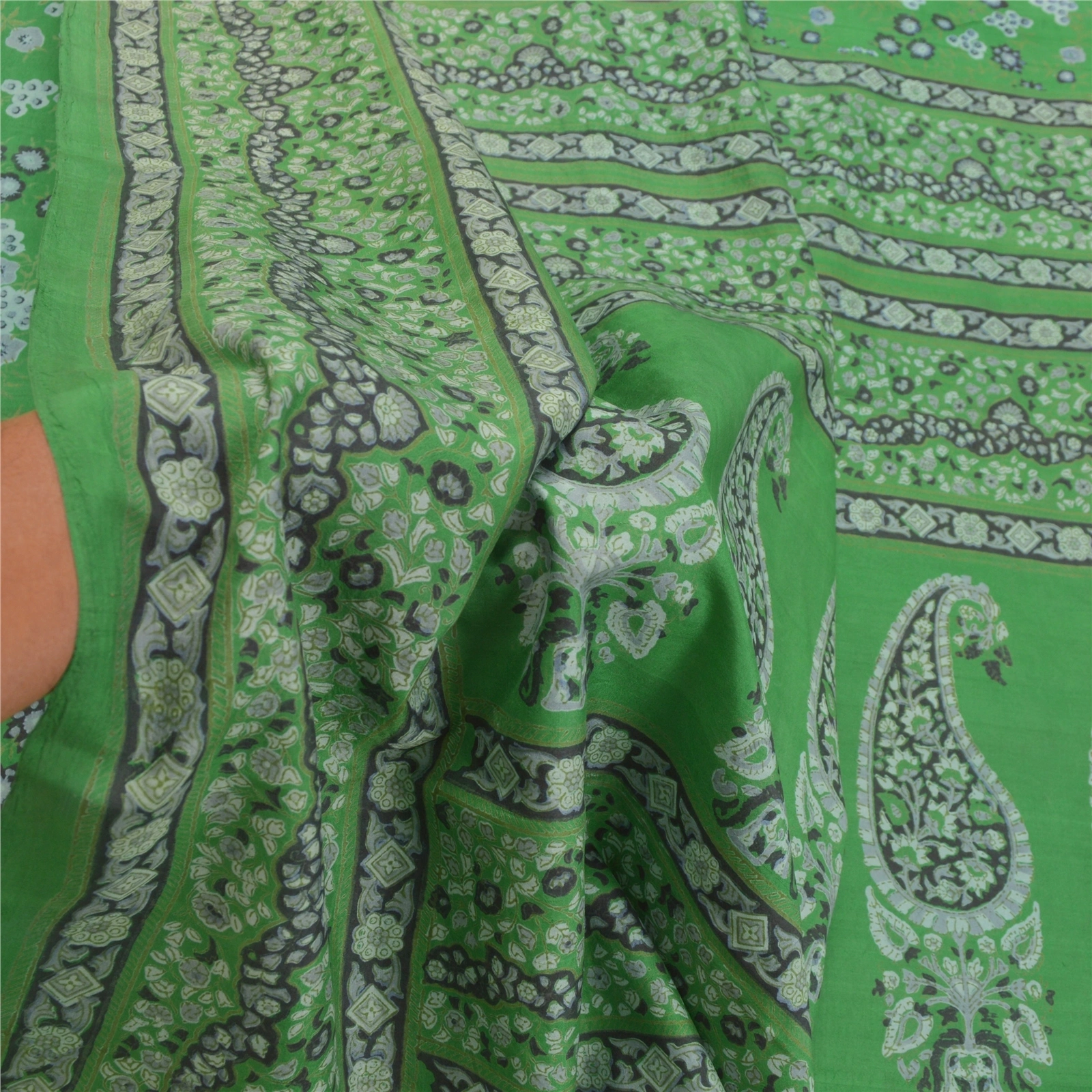 Sanskriti Vintage Green Sarees 100% Pure Silk Floral Printed Sari Craft Fabric, PR-54660-Green-Printed Work-100% Pure Silk-5