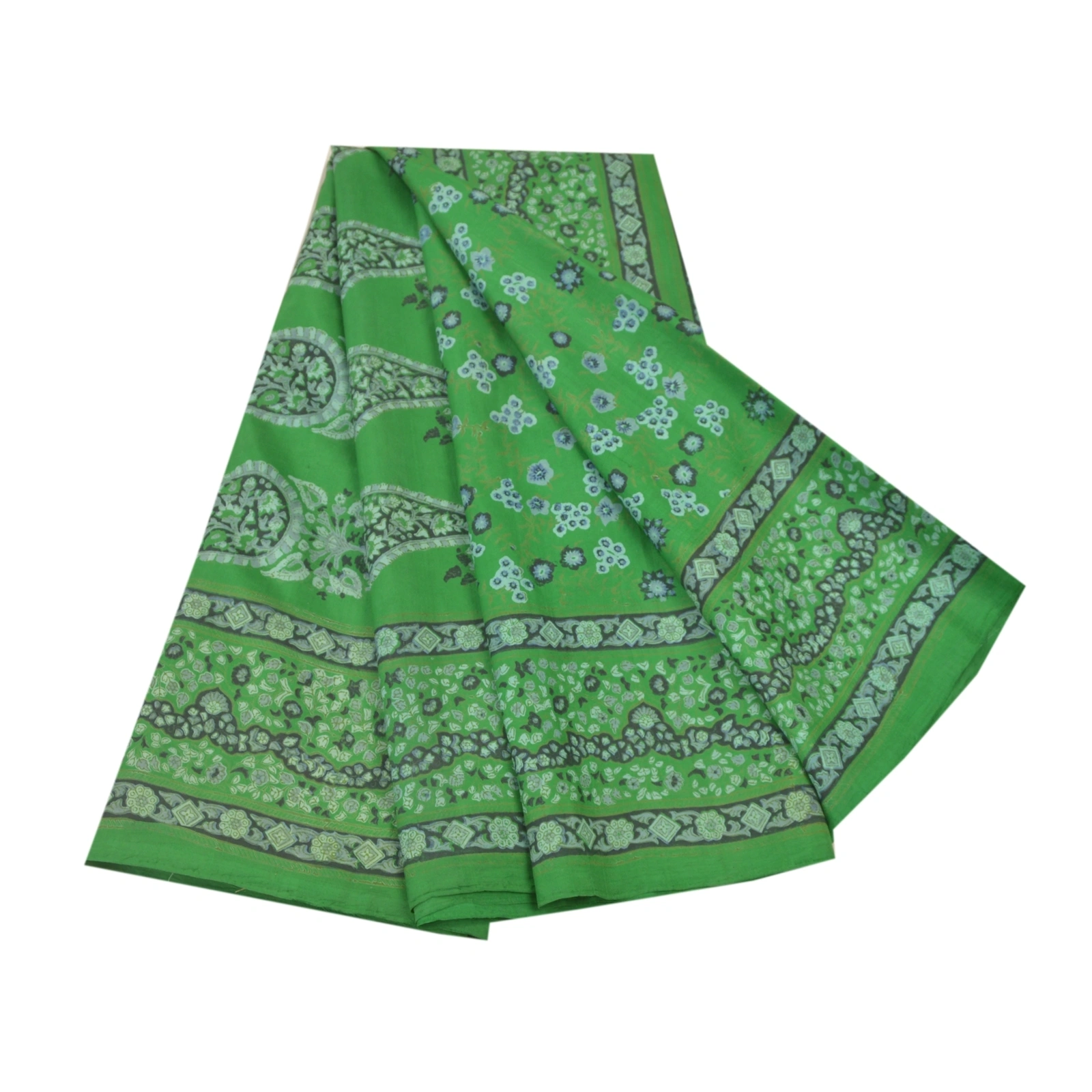 Sanskriti Vintage Green Sarees 100% Pure Silk Floral Printed Sari Craft Fabric, PR-54660-Green-Printed Work-100% Pure Silk-6