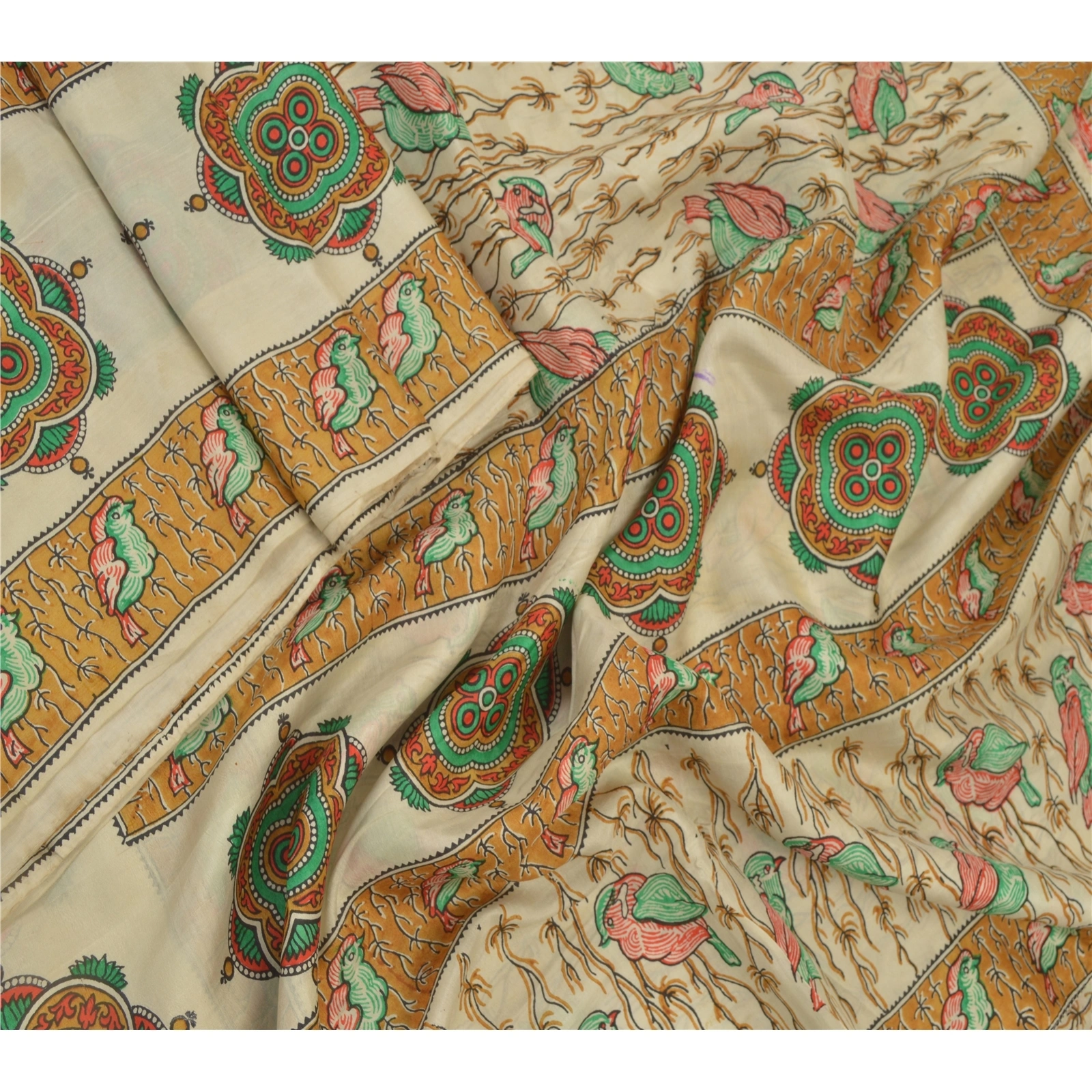 Sanskriti Vintage Cream Sarees 100% Pure Silk Animal Printed Sari Craft Fabric, PR-54678-Cream-Printed Work-100% Pure Silk-1