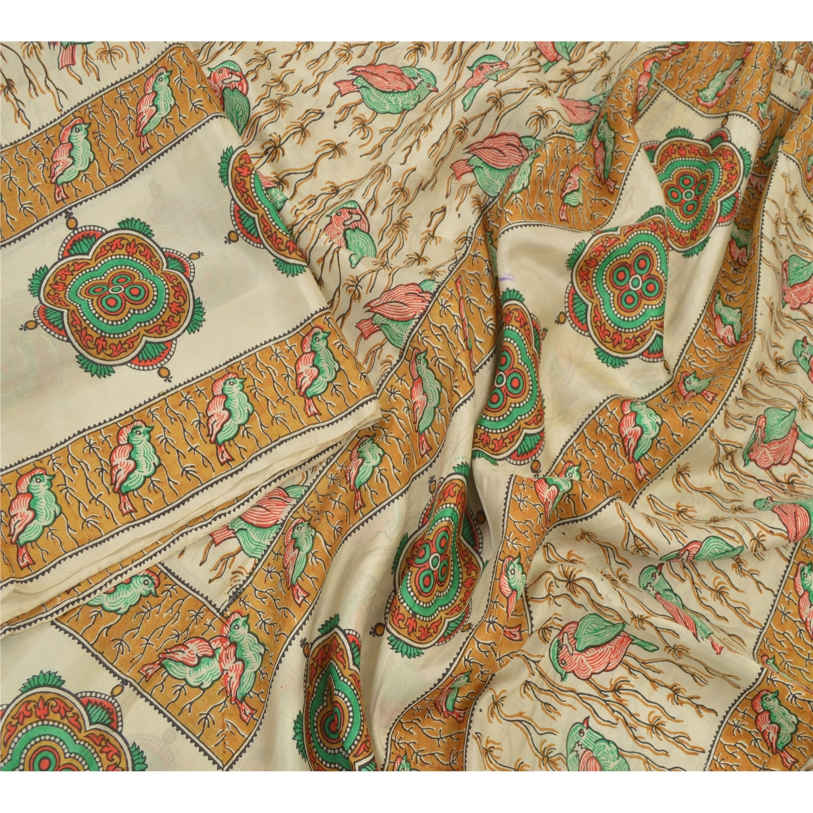 Sanskriti Vintage Cream Sarees 100% Pure Silk Animal Printed Sari Craft Fabric, PR-54678-Cream-Printed Work-100% Pure Silk-2