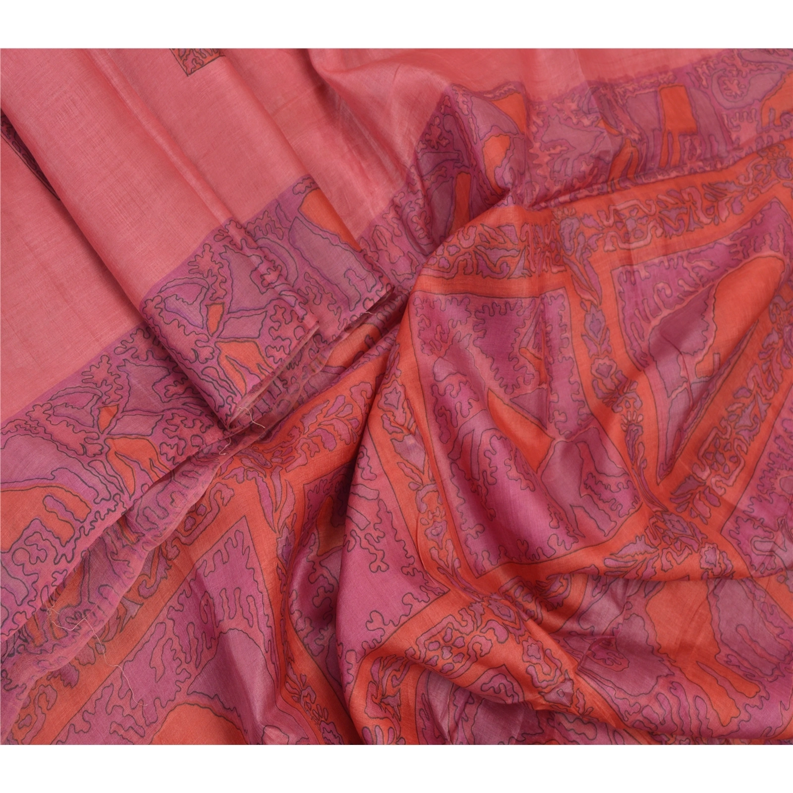 Sanskriti Vintage Pink Sarees Pure Silk Elephant Printed Sari Soft Craft Fabric, PR-54699-Pink-Pure Silk-1