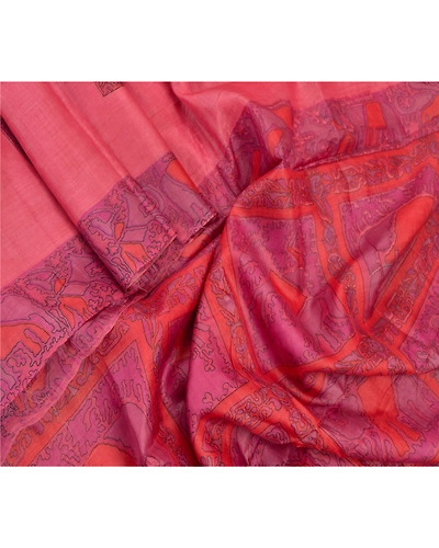 Sanskriti Vintage Pink Sarees Pure Silk Elephant Printed Sari Soft Craft Fabric, PR-54699-Pink-Pure Silk-1