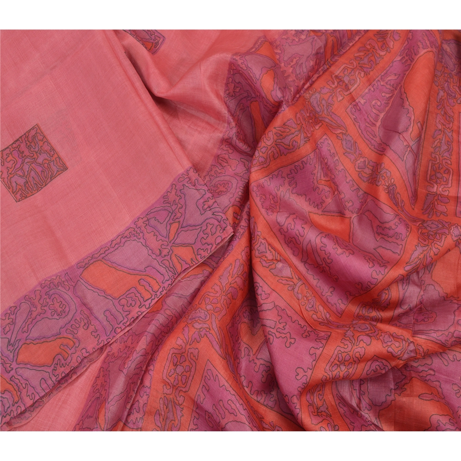 Sanskriti Vintage Pink Sarees Pure Silk Elephant Printed Sari Soft Craft Fabric, PR-54699-Pink-Pure Silk-2