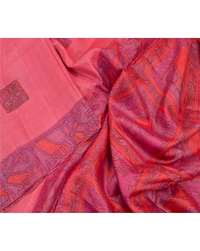 Sanskriti Vintage Pink Sarees Pure Silk Elephant Printed Sari Soft Craft Fabric, PR-54699-Pink-Pure Silk-2