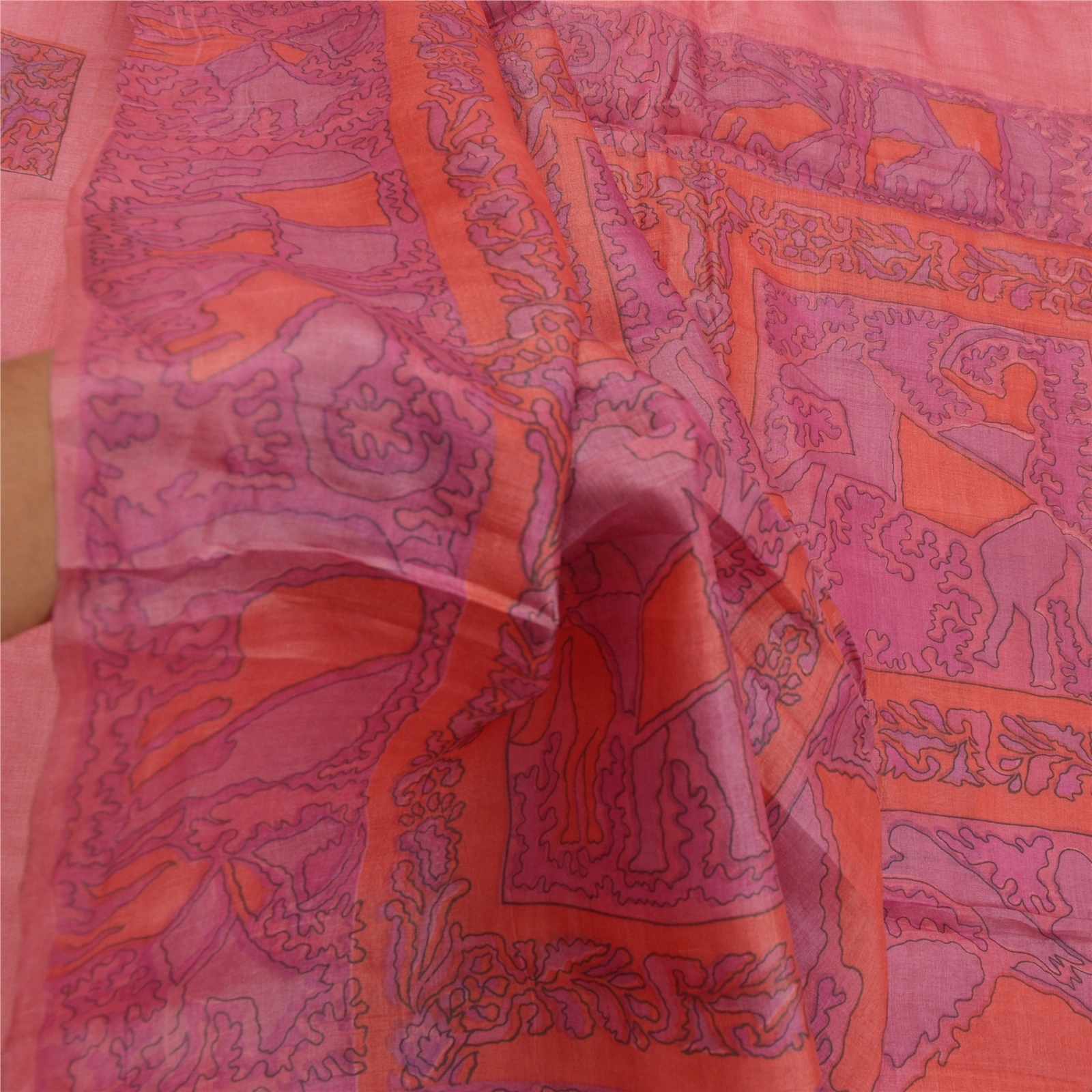 Sanskriti Vintage Pink Sarees Pure Silk Elephant Printed Sari Soft Craft Fabric, PR-54699-Pink-Pure Silk-5