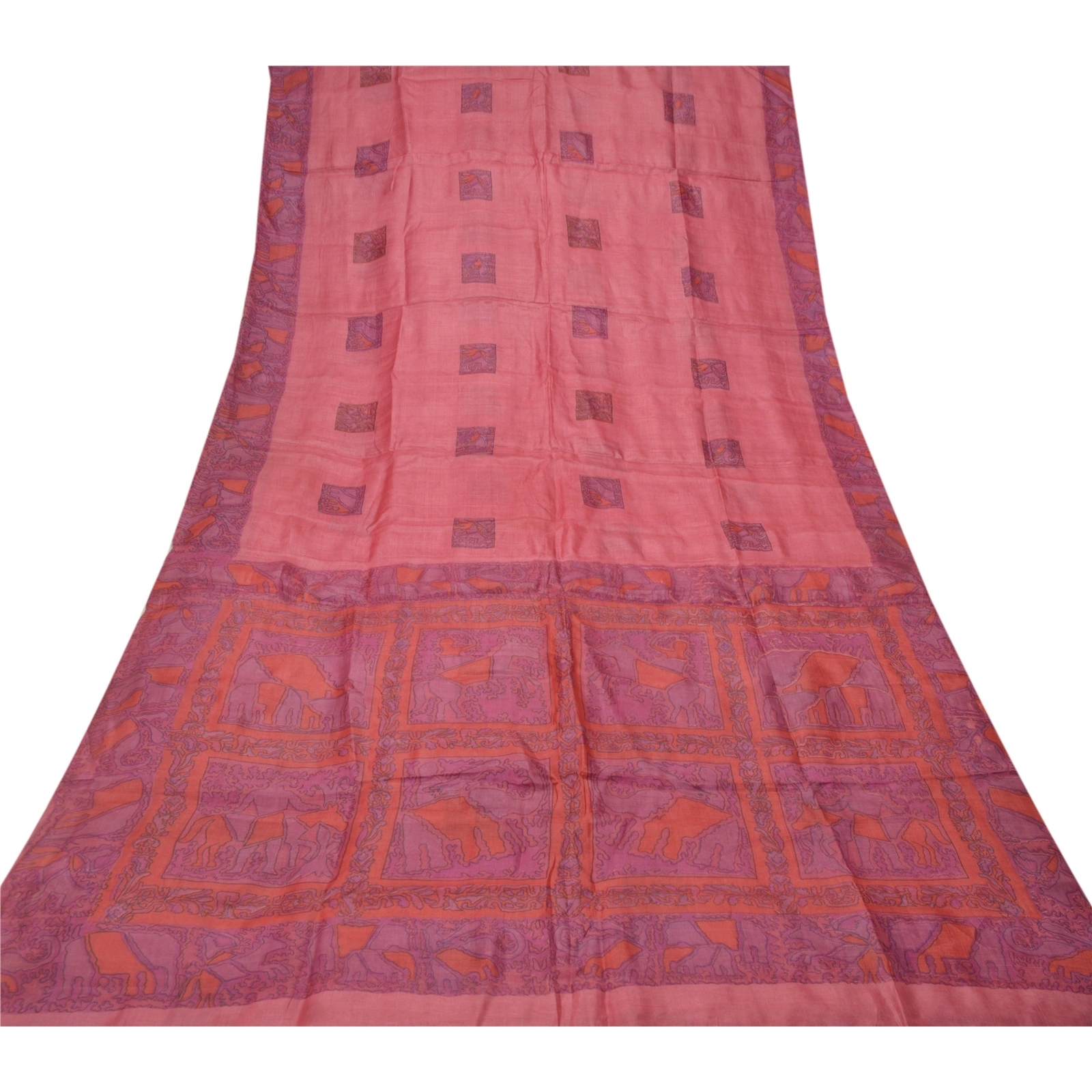 Sanskriti Vintage Pink Sarees Pure Silk Elephant Printed Sari Soft Craft Fabric, PR-54699-Pink-Pure Silk-7