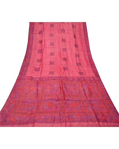 Sanskriti Vintage Pink Sarees Pure Silk Elephant Printed Sari Soft Craft Fabric, PR-54699-Pink-Pure Silk-7