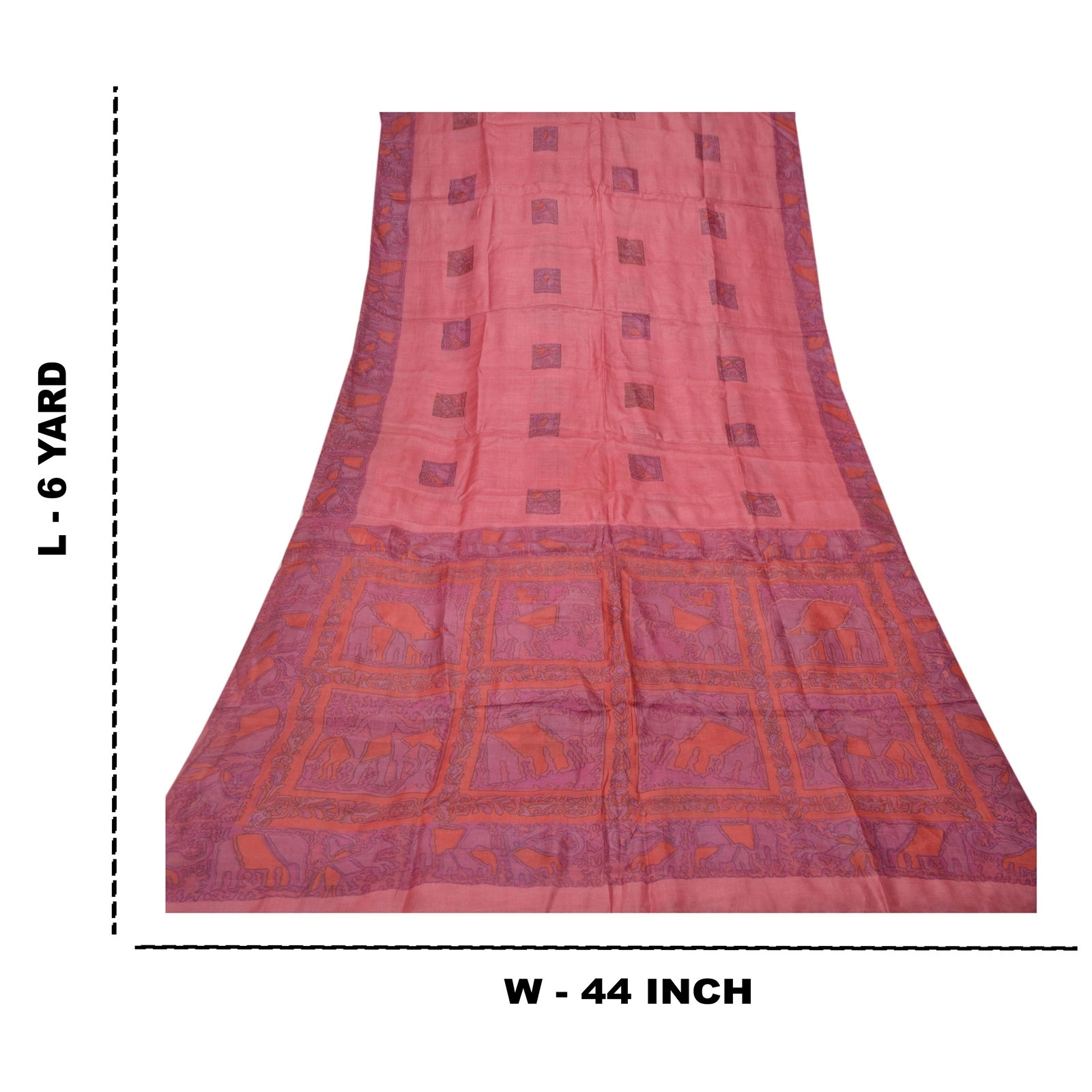 Sanskriti Vintage Pink Sarees Pure Silk Elephant Printed Sari Soft Craft Fabric, PR-54699-Pink-Pure Silk-8