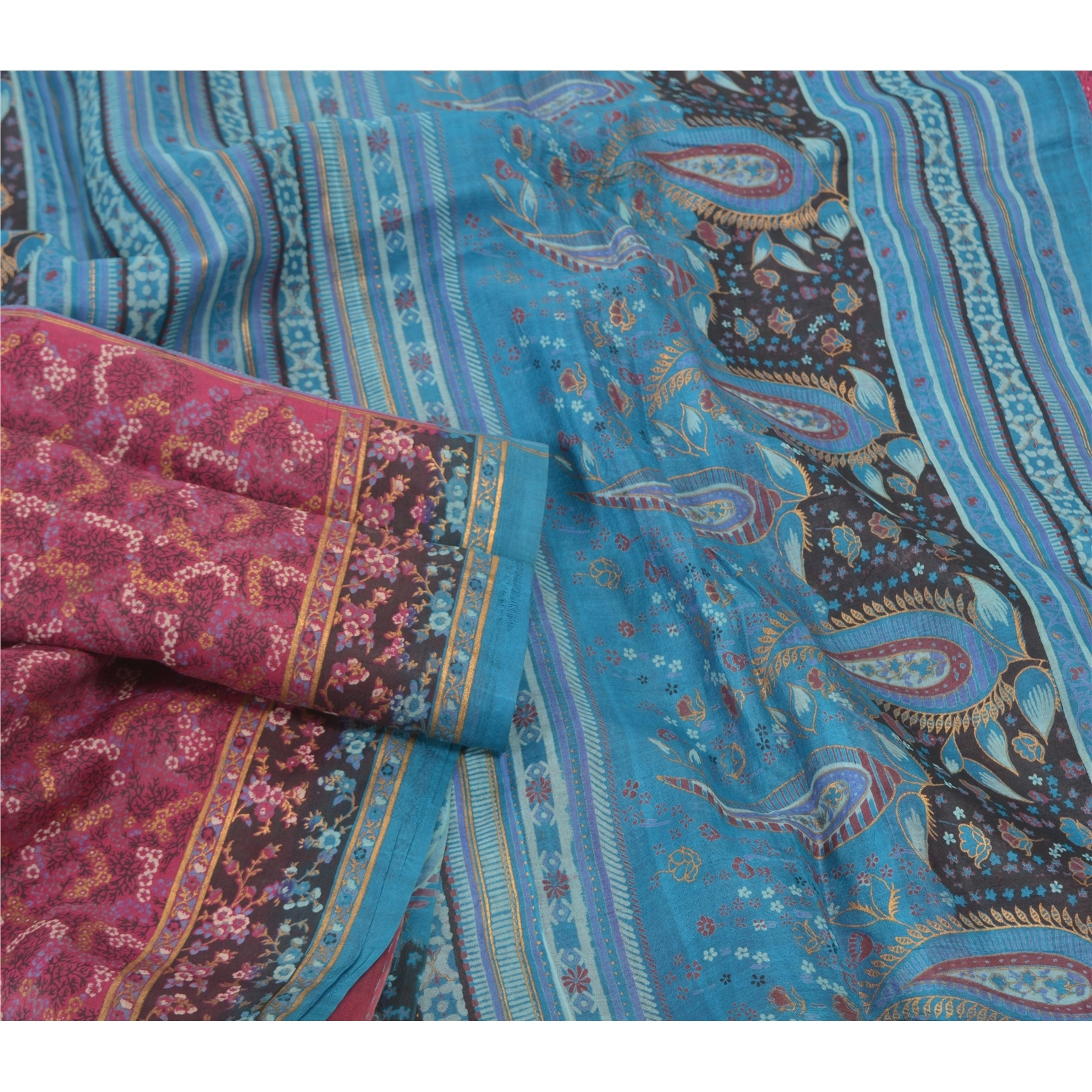 Sanskriti Vintage Pink Sarees 100% Pure Silk Printed Sari Craft Indian Fabric, PR-54720-Pink &amp; Blue-Printed Work-100% Pure Silk-1