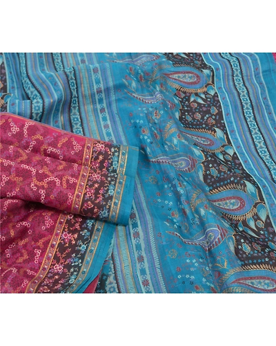 Sanskriti Vintage Pink Sarees 100% Pure Silk Printed Sari Craft Indian Fabric, PR-54720-Pink &amp; Blue-Printed Work-100% Pure Silk-1
