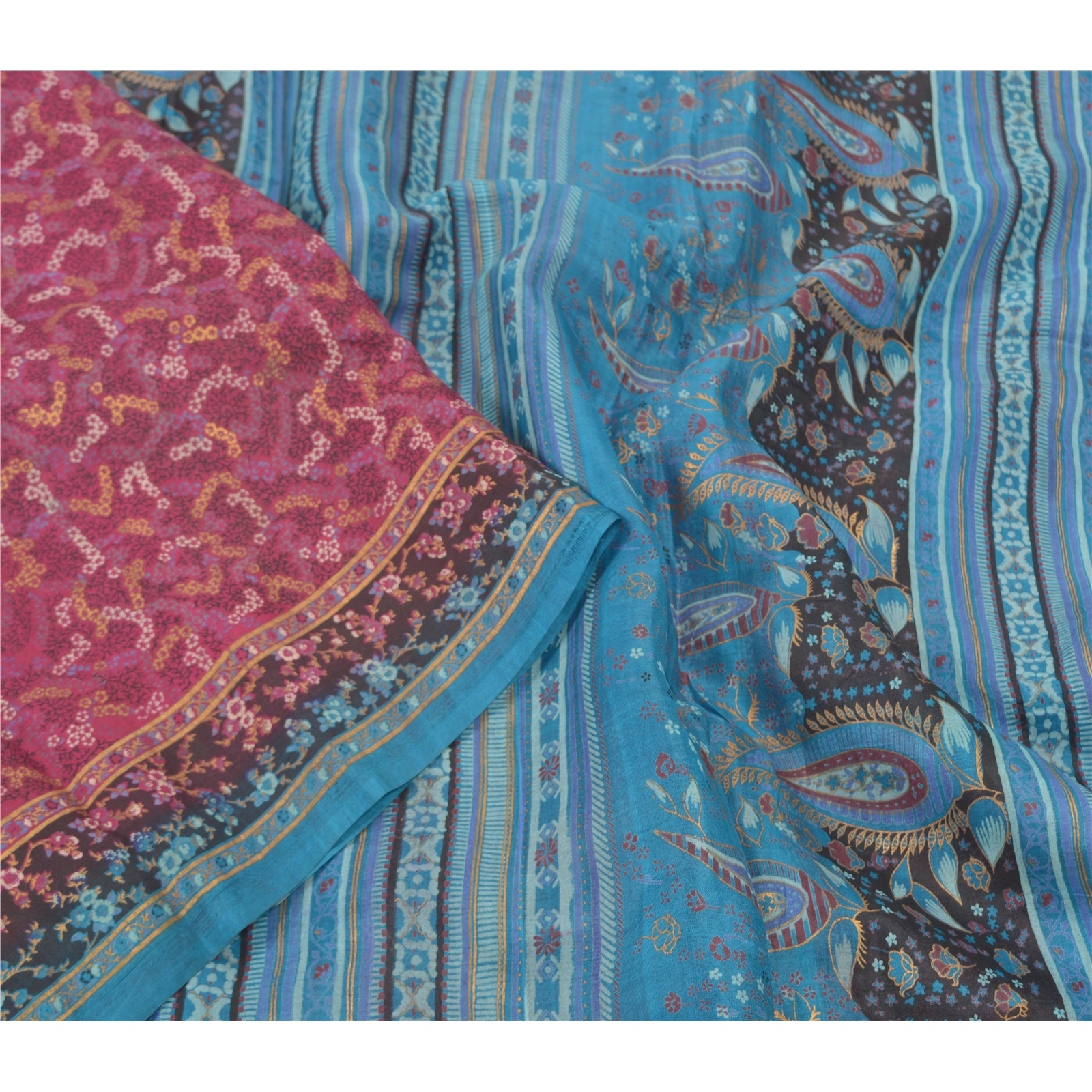 Sanskriti Vintage Pink Sarees 100% Pure Silk Printed Sari Craft Indian Fabric, PR-54720-Pink &amp; Blue-Printed Work-100% Pure Silk-2