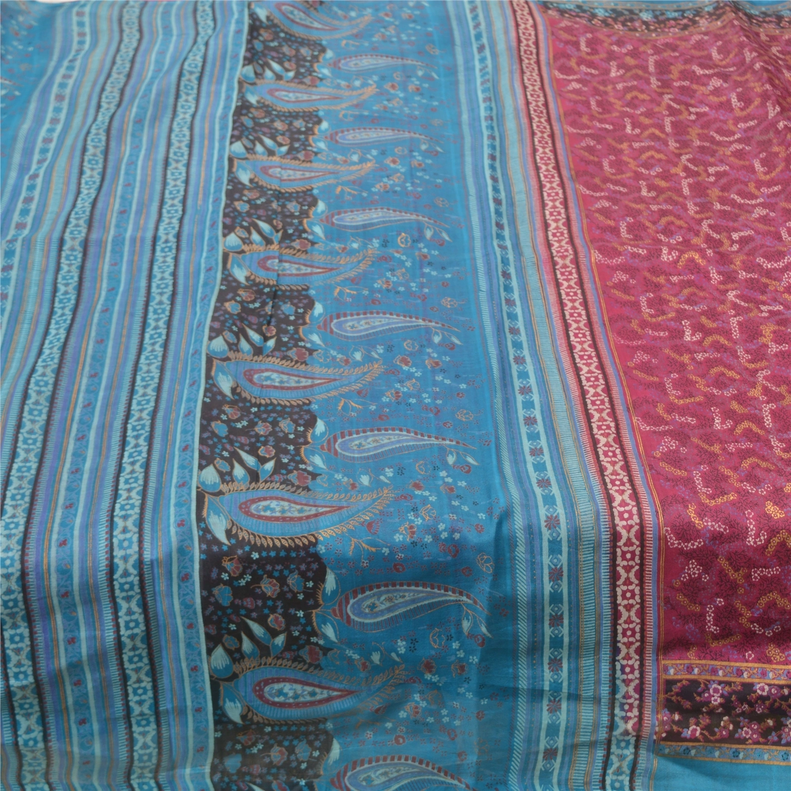 Sanskriti Vintage Pink Sarees 100% Pure Silk Printed Sari Craft Indian Fabric, PR-54720-Pink &amp; Blue-Printed Work-100% Pure Silk-3