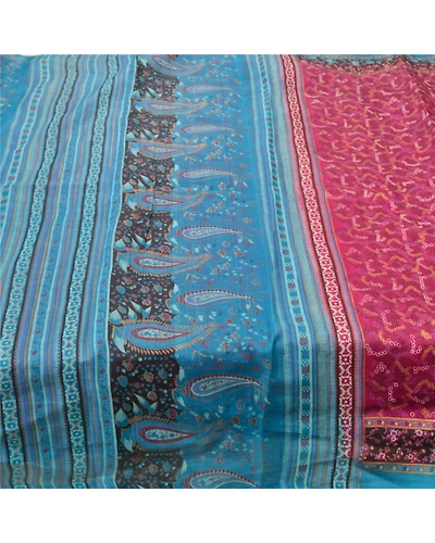 Sanskriti Vintage Pink Sarees 100% Pure Silk Printed Sari Craft Indian Fabric, PR-54720-Pink &amp; Blue-Printed Work-100% Pure Silk-3