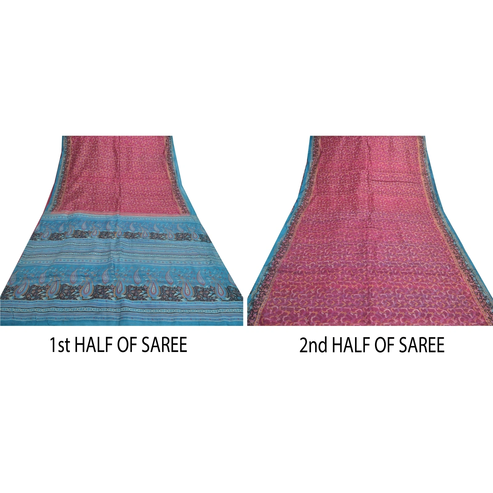 Sanskriti Vintage Pink Sarees 100% Pure Silk Printed Sari Craft Indian Fabric, PR-54720-Pink &amp; Blue-Printed Work-100% Pure Silk-4