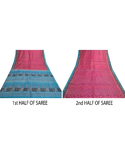 Sanskriti Vintage Pink Sarees 100% Pure Silk Printed Sari Craft Indian Fabric, PR-54720-Pink &amp; Blue-Printed Work-100% Pure Silk-4